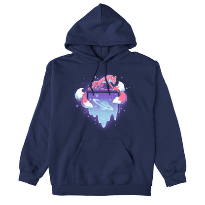 Pullover Hoodie_TeeTurtle navy blue Vaporwave Kitsune apparel featuring a kitsune leaping over a computer window pop-up with a ringed planet in it in a vaporwave aesthetic.