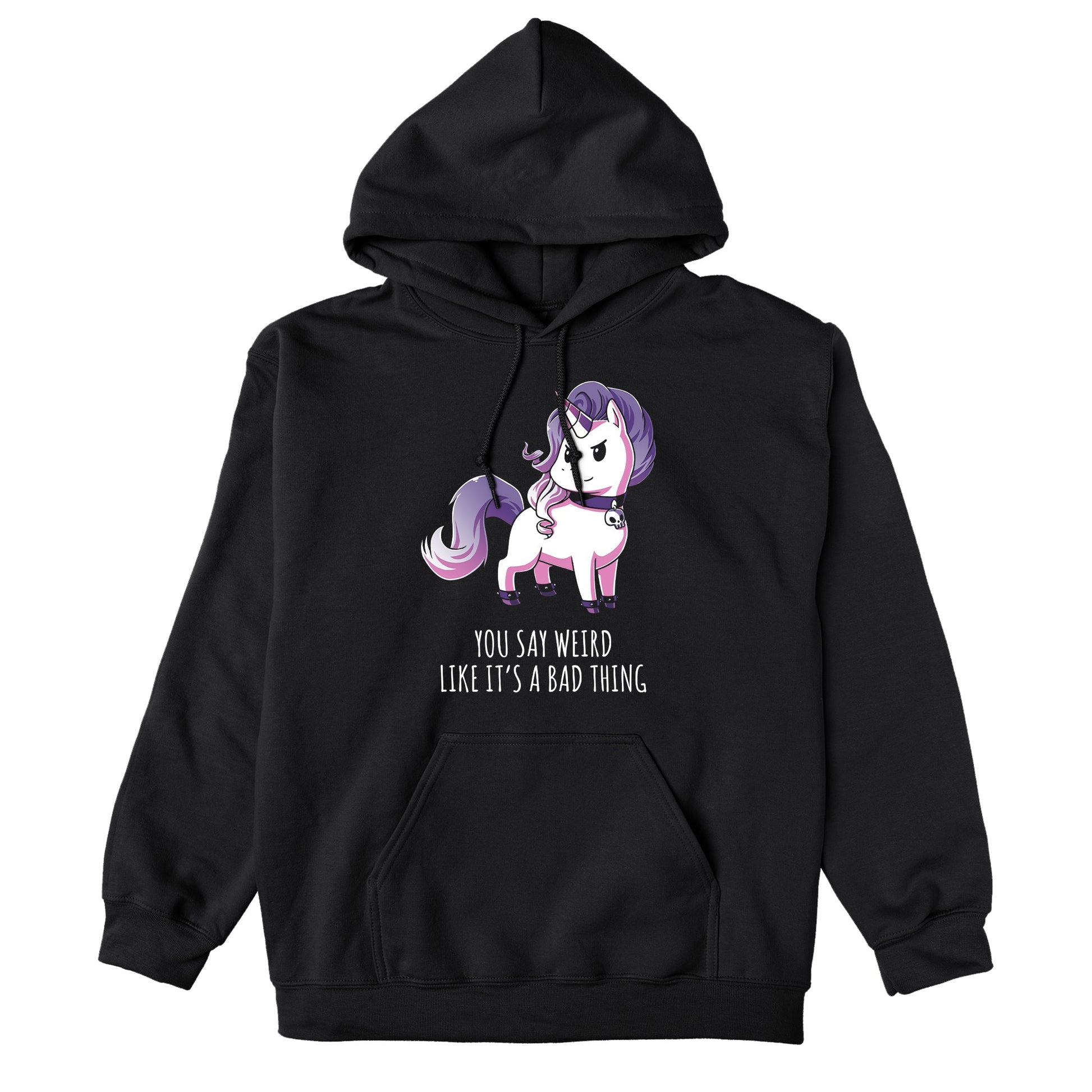 Pullover Hoodie_TeeTurtle black Weird Is Good. Featuring a unicorn with goth accessories.