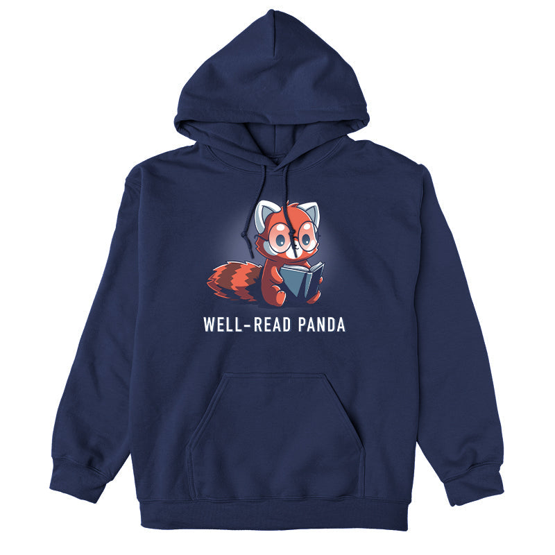 Pullover Hoodie_TeeTurtle Well-Read Panda navy blue design featuring a red panda wearing glasses and reading a book.