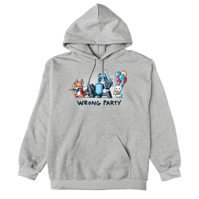 Pullover Hoodie_A group of cartoon animals dressed as an archer fox, ninja cat, knight panda, and a rabbit holding balloons and cake. Text below reads "WRONG PARTY." This whimsical scene is printed on a monsterdigital Wrong Party apparel made from super soft ringspun cotton. Unisex apparelavailable.