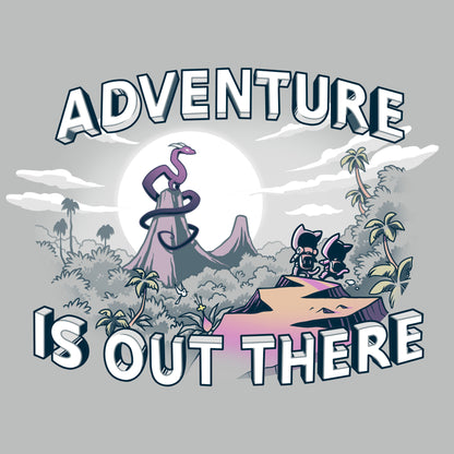 Premium Cotton T-shirt_Teeturtle Adventure is Out There Silver Featuring Premium Cotton T-shirt_Teeturtle Adventure is Out There silver gray t-shirt featuring a jungle landscape with a pair of cute cats in adventuring backpacks on a cliff gazing over it towards a pair of mountains rising out of the jungle with a serpentine dragon standing upon one of the peaks. 'Adventure Is Out There' is written above and below the image.