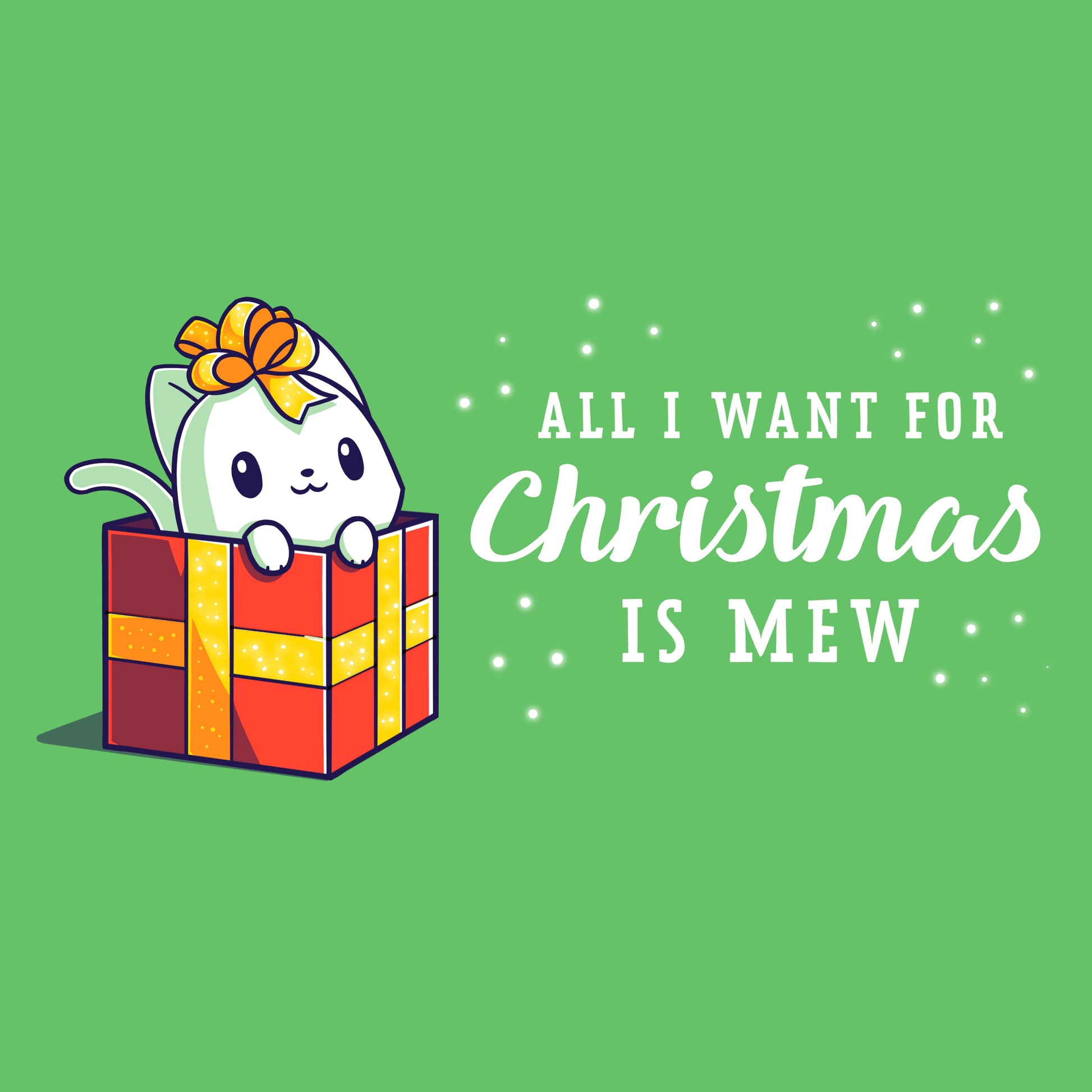 Premium Cotton T-shirt_TeeTurtle All I want for Christmas is Mew apple t-shirt featuring a white cat dressed up as a Christmas present with a pun next to it.