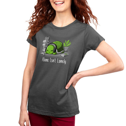 Premium Cotton T-shirt_TeeTurtle Alone Isn't Lonely charcoal gray t-shirt featuring a comfy-looking turtle with headphones laying by a plant, books, a cat, and video game items.