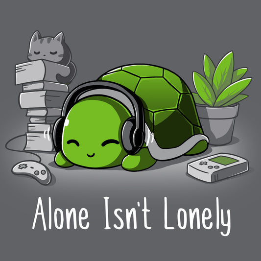 Premium Cotton T-shirt_TeeTurtle Alone Isn't Lonely charcoal gray t-shirt featuring a comfy-looking turtle with headphones laying by a plant, books, a cat, and video game items.