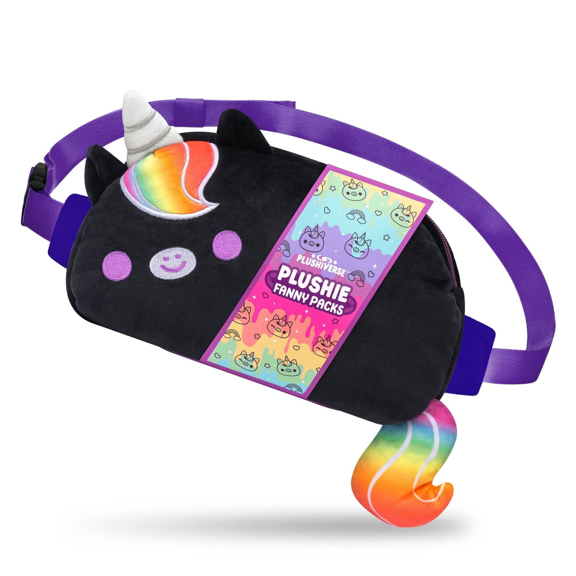 A black TeeTurtle Plushiverse Unicorn Pride Plushie Fanny Pack shaped like a unicorn with a rainbow horn and a tail. This whimsical fanny pack features hands-free functionality with its purple strap, cat ear accents, and an adjustable belt for the perfect fit. A colorful tag reads "Plushiverse Unicorn Pride Plushie Fanny Pack.