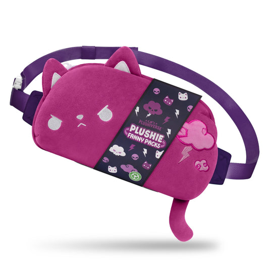 A pink, cat-shaped Plushiverse Thunder Paws Plushie Fanny Pack with a purple adjustable belt, featuring various cute cat and cloud designs. The label 