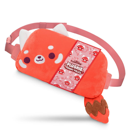 A red plush fanny pack designed like a red panda with a smiling face, white ears, pink cheeks, and a brown striped tail. It features an adjustable belt and a pink tag reading 