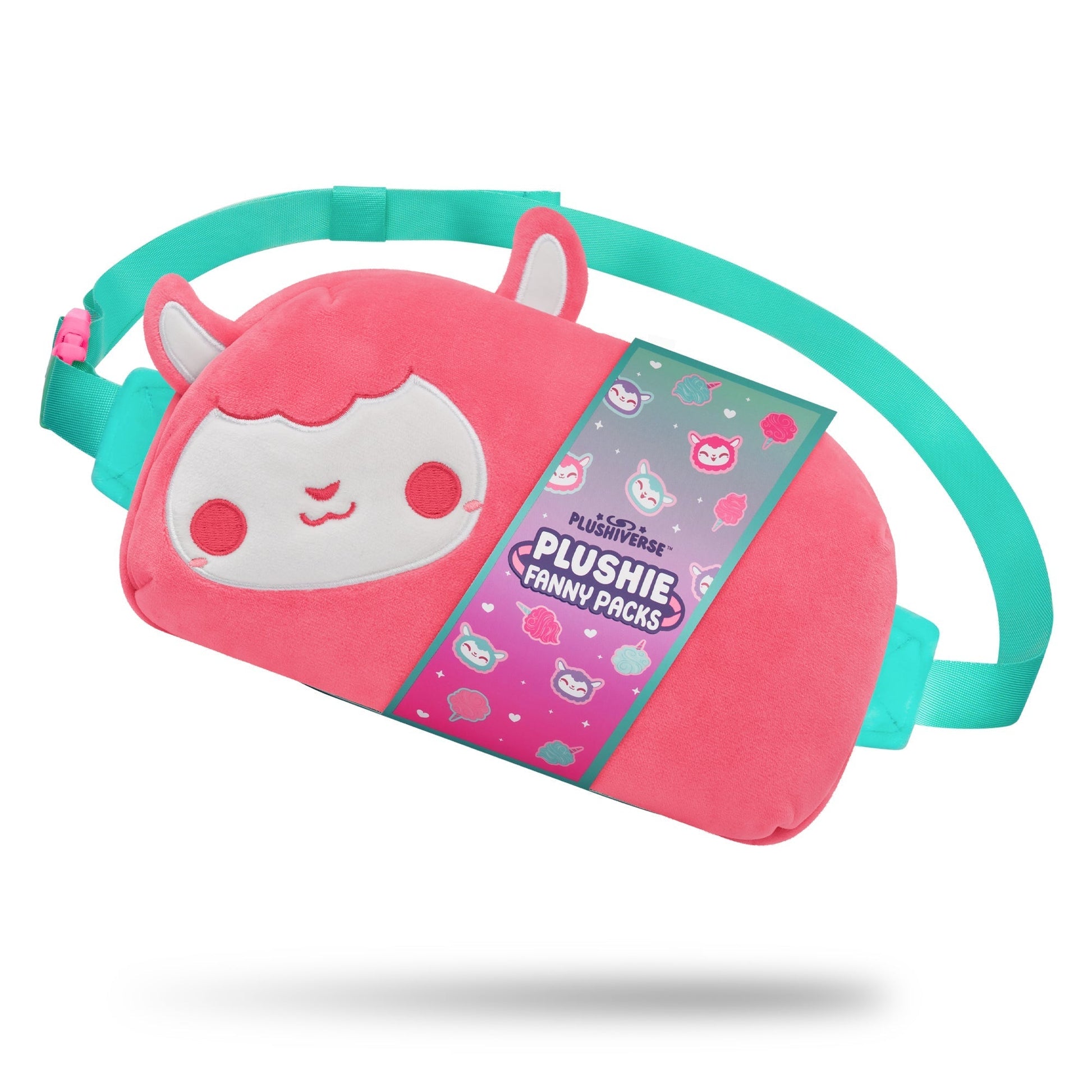 A Plushiverse Cotton Candy Sheep Plushie Fanny Pack from TeeTurtle, featuring teal straps and a label indicating "Plushie Fanny Packs" on the front. It also comes with an adjustable belt for added convenience.