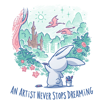 Premium Cotton T-shirt_TeeTurtle An Artist Never Stops Dreaming white t-shirt featuring a bunny painting a whimsical landscape with a castle, trees, and flying creature.