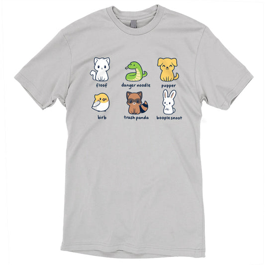 Premium Cotton T-shirt_Illustration of six quirky animals labeled with playful names: floof (cat), danger noodle (snake), pupper (dog), birb (bird), trash panda (raccoon), and booplesnoot (rabbit) on a super soft ringspun cotton Animal Names apparel by monsterdigital.