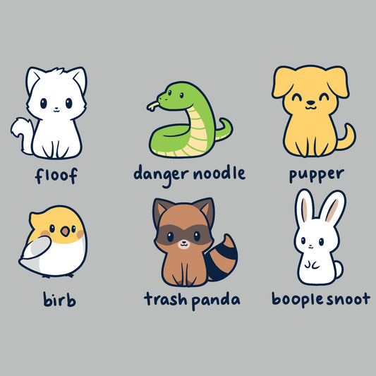 Premium Cotton T-shirt_Illustration of six quirky animals labeled with playful names: floof (cat), danger noodle (snake), pupper (dog), birb (bird), trash panda (raccoon), and booplesnoot (rabbit) on a super soft ringspun cotton Animal Names apparel by monsterdigital.