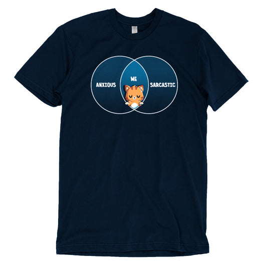 Premium Cotton T-shirt_TeeTurtle Anxious and Sarcastic navy blue t-shirt featuring a shrugging cartoon cat set in the middle of a diagram with 'Anxious' on one side and 'Sarcastic' on the other with 'Me' above its head in the middle.