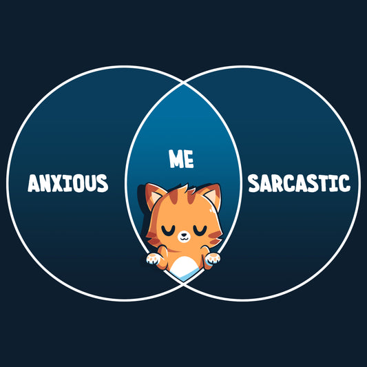 Premium Cotton T-shirt_TeeTurtle Anxious and Sarcastic navy blue t-shirt featuring a shrugging cartoon cat set in the middle of a diagram with 'Anxious' on one side and 'Sarcastic' on the other with 'Me' above its head in the middle.