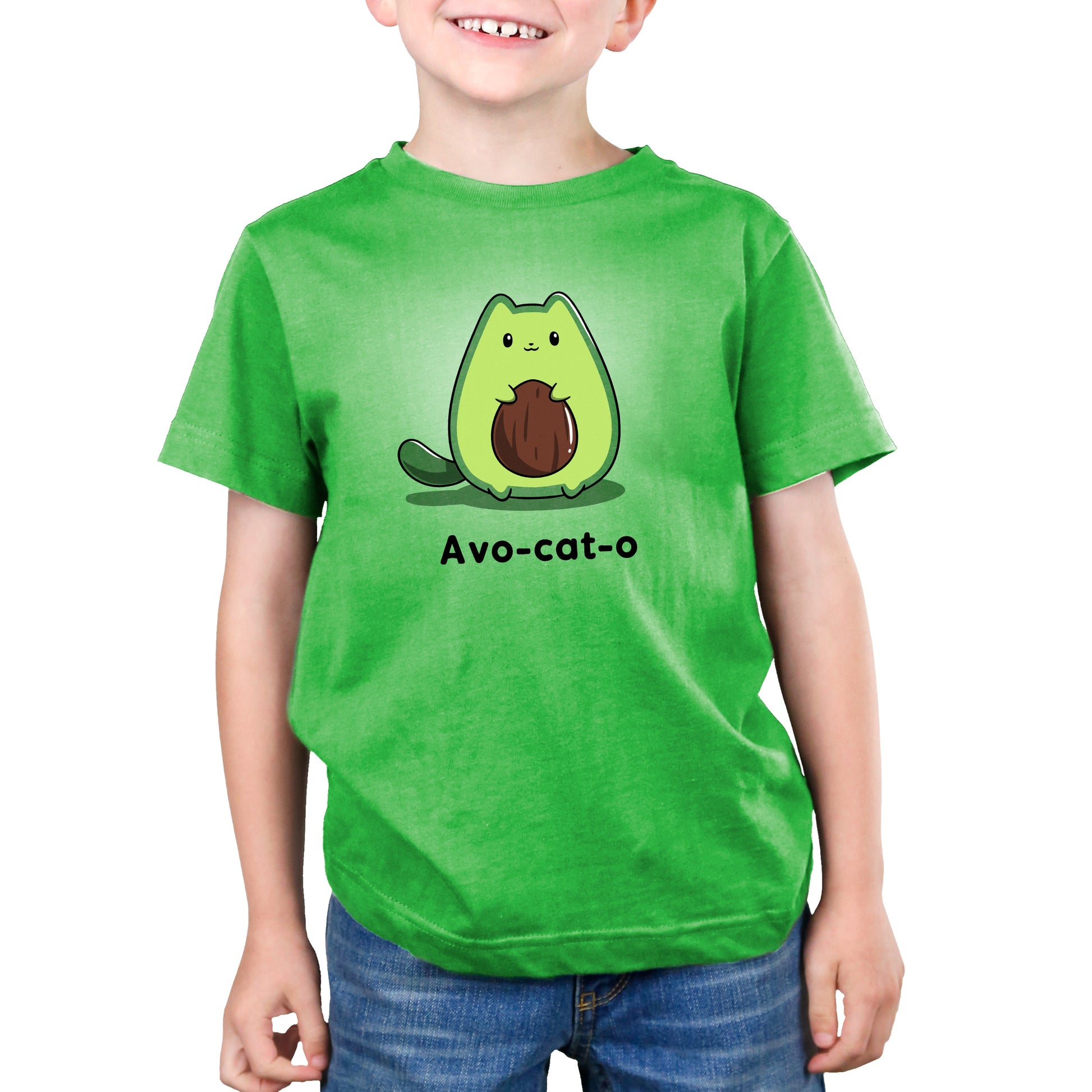 Premium Cotton T-shirt_TeeTurtle Avo-cat-o apple green t-shirt featuring an avocado-shaped green cat holding a brown avocado pit, with the text "Avo-cat-o" written below in this fun animal design.