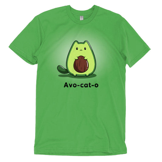 Premium Cotton T-shirt_TeeTurtle Avo-cat-o apple green t-shirt featuring an avocado-shaped green cat holding a brown avocado pit, with the text 