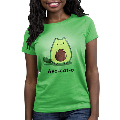 Premium Cotton T-shirt_TeeTurtle Avo-cat-o apple green t-shirt featuring an avocado-shaped green cat holding a brown avocado pit, with the text "Avo-cat-o" written below in this fun animal design.