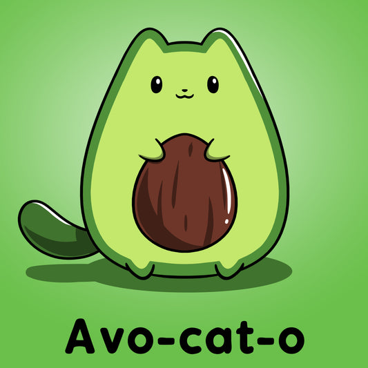 Premium Cotton T-shirt_TeeTurtle Avo-cat-o apple green t-shirt featuring an avocado-shaped green cat holding a brown avocado pit, with the text 