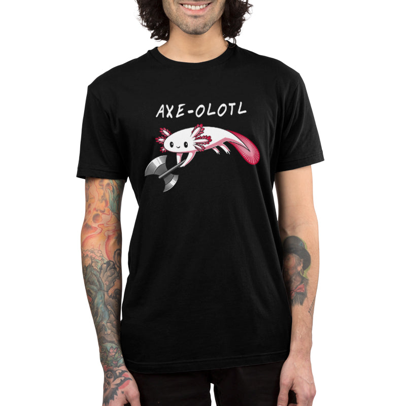 Premium Cotton T-shirt_A drawing of a smiling axolotl holding an axe, with "AXE-OLOTL" written above it. Available on a super soft ringspun cotton Black Unisex apparelfor the ultimate comfort. This Axe-olotl apparel from monsterdigital is perfect for any quirky graphic apparelenthusiast!