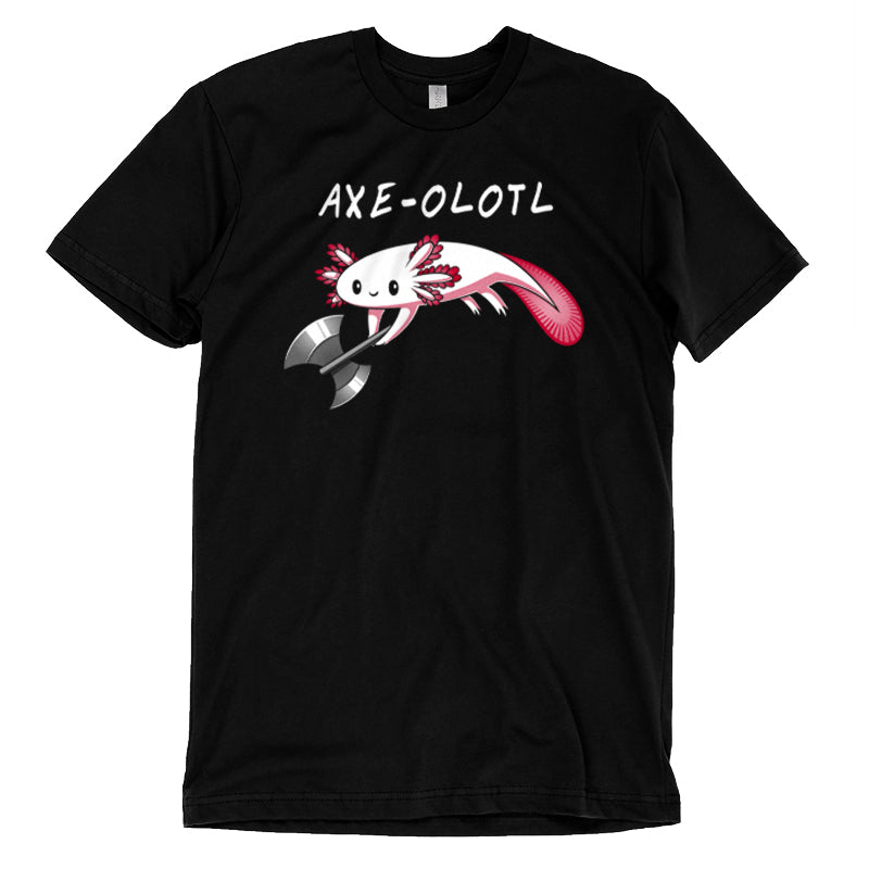 Premium Cotton T-shirt_A drawing of a smiling axolotl holding an axe, with "AXE-OLOTL" written above it. Available on a super soft ringspun cotton Black Unisex apparelfor the ultimate comfort. This Axe-olotl apparel from monsterdigital is perfect for any quirky graphic apparelenthusiast!