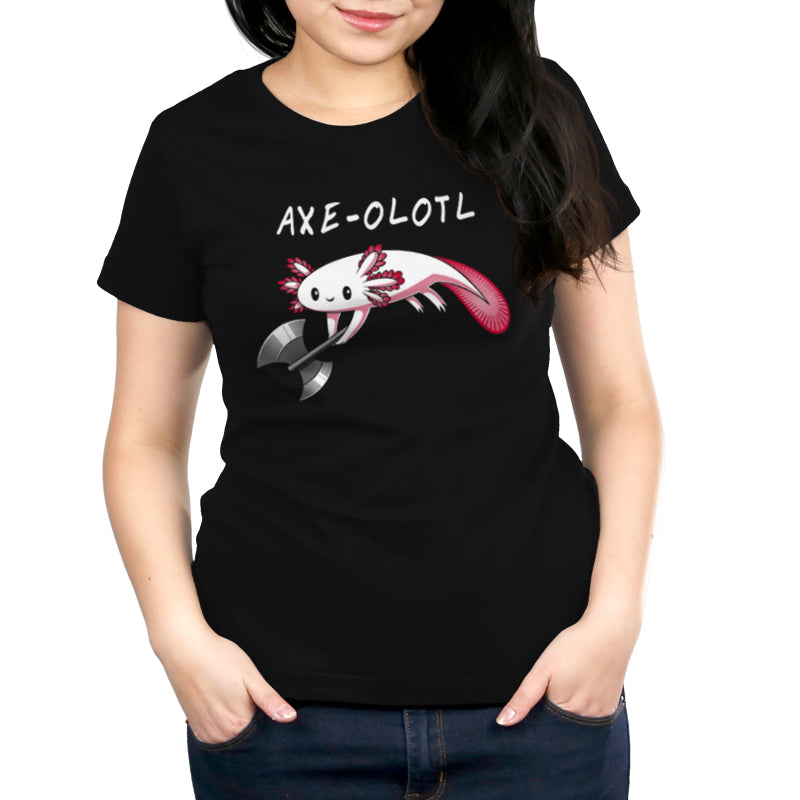 Premium Cotton T-shirt_A drawing of a smiling axolotl holding an axe, with "AXE-OLOTL" written above it. Available on a super soft ringspun cotton Black Unisex apparelfor the ultimate comfort. This Axe-olotl apparel from monsterdigital is perfect for any quirky graphic apparelenthusiast!