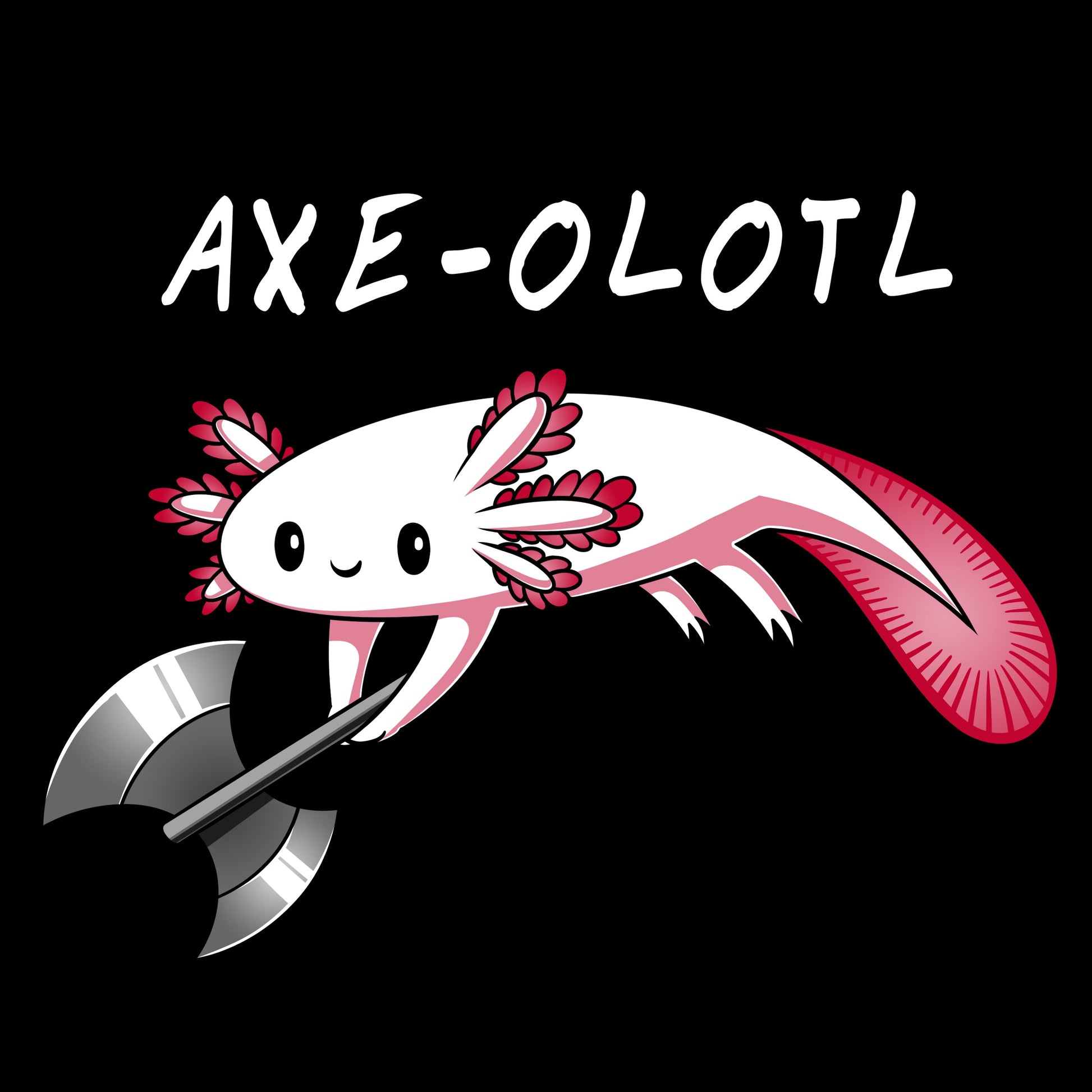 Premium Cotton T-shirt_A drawing of a smiling axolotl holding an axe, with "AXE-OLOTL" written above it. Available on a super soft ringspun cotton Black Unisex apparelfor the ultimate comfort. This Axe-olotl apparel from monsterdigital is perfect for any quirky graphic apparelenthusiast!