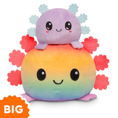 A TeeTurtle Big Reversible Axolotl Plushie (Rainbow + Light Purple) with vibrant colors.