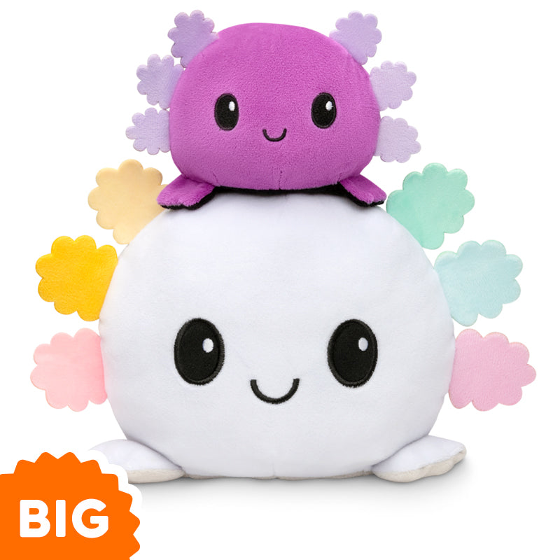 A TeeTurtle Big Reversible Axolotl plushie in purple and pink with the word big on it.