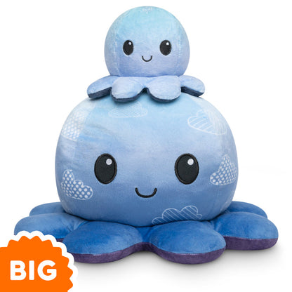 This TeeTurtle Big Reversible Octopus Plushie (Cloud Sky + Starry Sky) is a big, blue toy with the words "big octopus" on it.