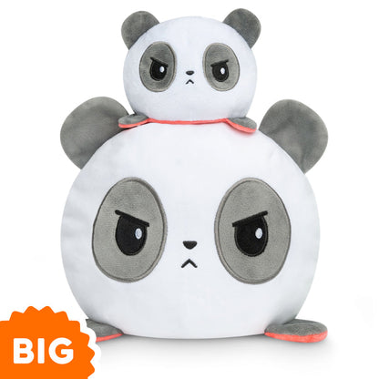 Two TeeTurtle Big Reversible Red Panda & Panda Plushies express emotions as they sit on top of each other, forming a reversible panda.