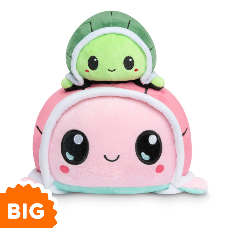 Two Big Reversible Turtle Plushies sitting on top of each other, expressing emotions.