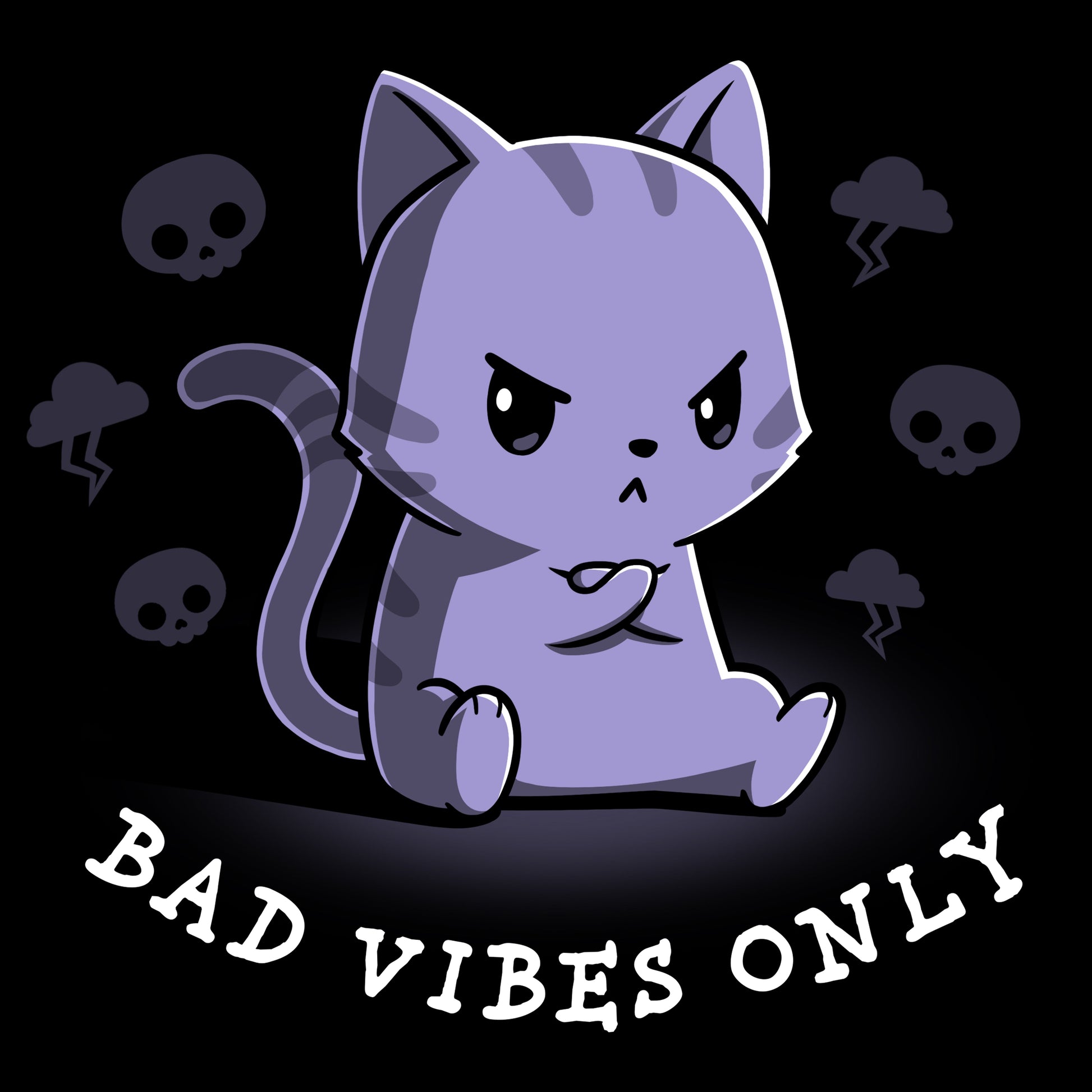 Premium Cotton T-shirt_Teeturtle Bad Vibes Only black t-shirt featuring an angry grumpy looking cat with its forepaws crossed and surrounded by skulls and lightning clouds with 'Bad Vibes Only' written underneath it.