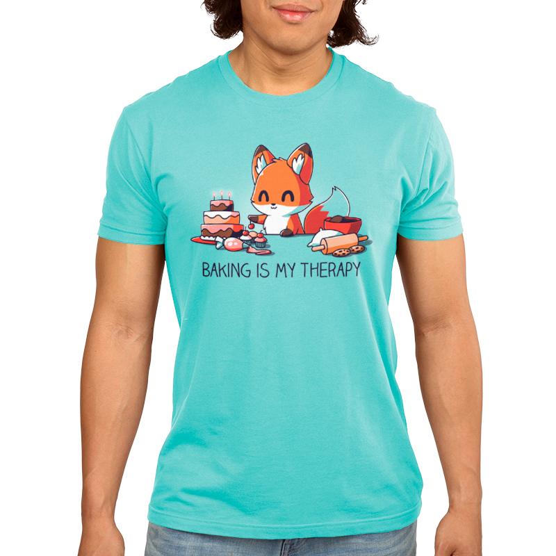 Premium Cotton T-shirt_Teeturtle Baking Is My Therapy caribbean blue t-shirt featuring a happy little fox surrounded by baking supplies, cookies and a cake. The fox is about to put a cherry on a freshly baked cupcake.