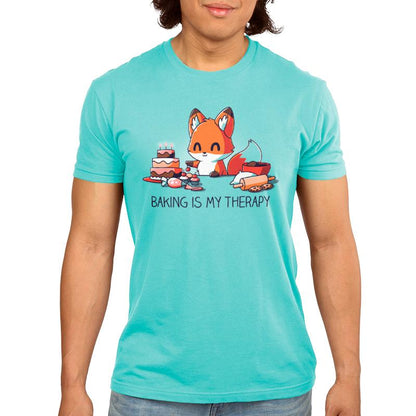 Premium Cotton T-shirt_Teeturtle Baking Is My Therapy caribbean blue t-shirt featuring a happy little fox surrounded by baking supplies, cookies and a cake. The fox is about to put a cherry on a freshly baked cupcake.