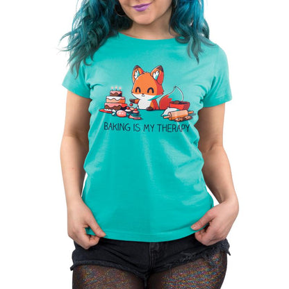 Premium Cotton T-shirt_Teeturtle Baking Is My Therapy caribbean blue t-shirt featuring a happy little fox surrounded by baking supplies, cookies and a cake. The fox is about to put a cherry on a freshly baked cupcake.