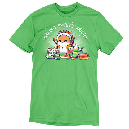 Premium Cotton T-shirt_TeeTurtle Baking Spirits Bright apple t-shirt featuring a happy fox in a Santa hat surrounded by baked goods and a pun over top.