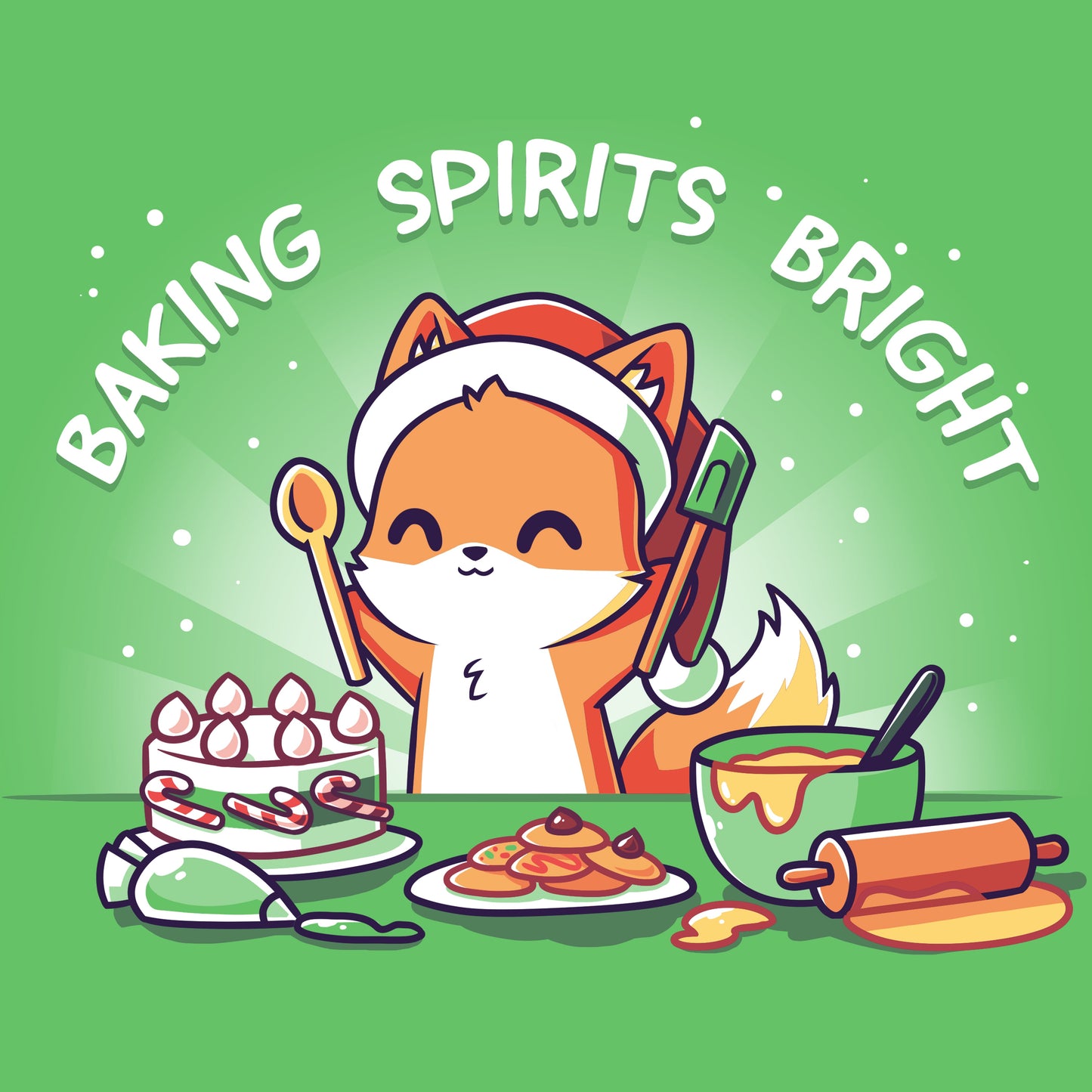 Premium Cotton T-shirt_TeeTurtle Baking Spirits Bright apple t-shirt featuring a happy fox in a Santa hat surrounded by baked goods and a pun over top.