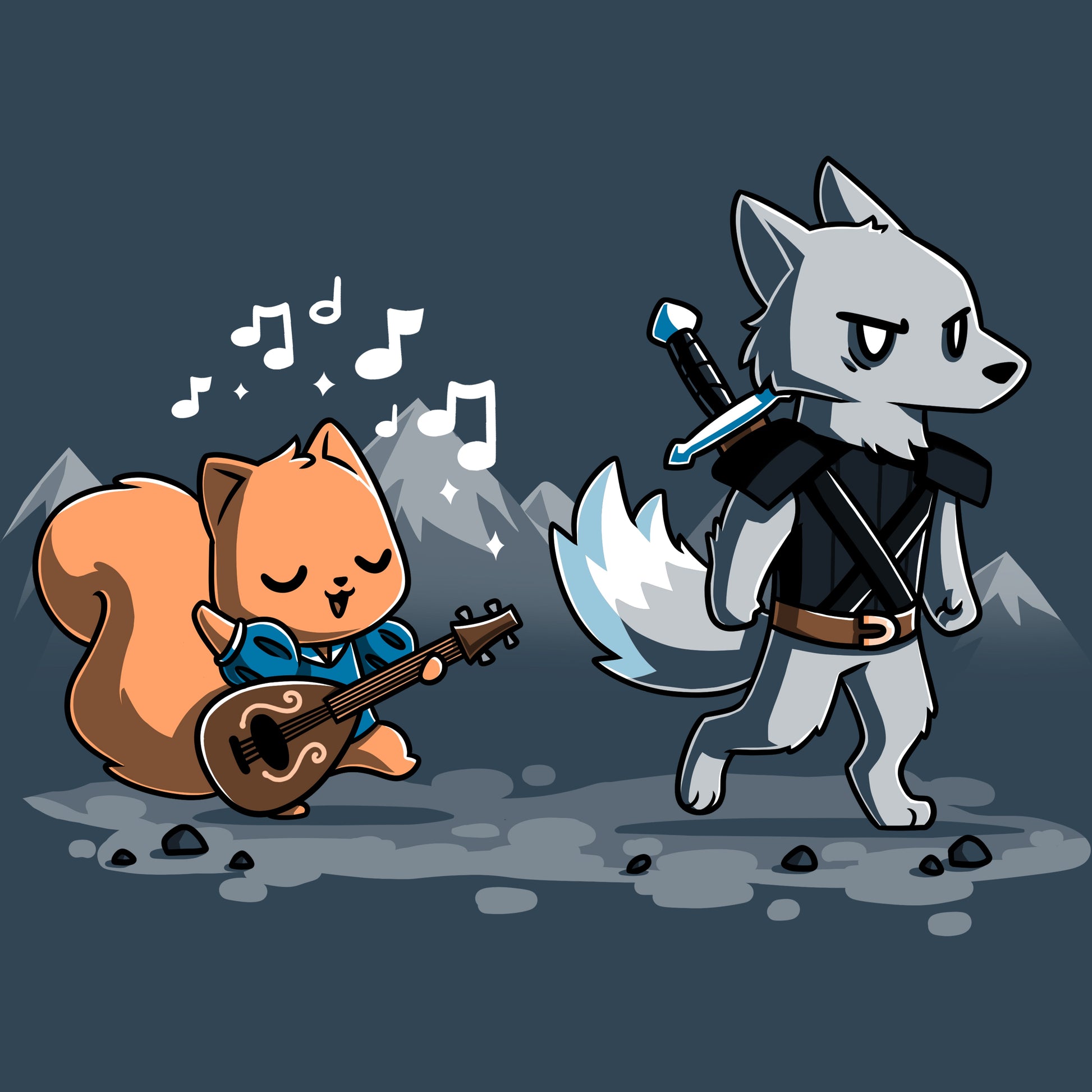 Premium Cotton T-shirt_Teeturtle Ballad of the Bard denim t-shirt featuring a squirrel playing a guitar with music notes around, while a wolf in armor holding a sword walks ahead in a mountain landscape. 