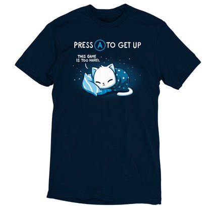 Premium Cotton T-shirt_TeeTurtle Bedtime Lag navy blue t-shirt featuring featuring a sleepy cat wrapped in a blanket laying on a pillow.