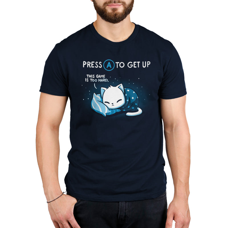 Premium Cotton T-shirt_TeeTurtle Bedtime Lag navy blue t-shirt featuring featuring a sleepy cat wrapped in a blanket laying on a pillow.