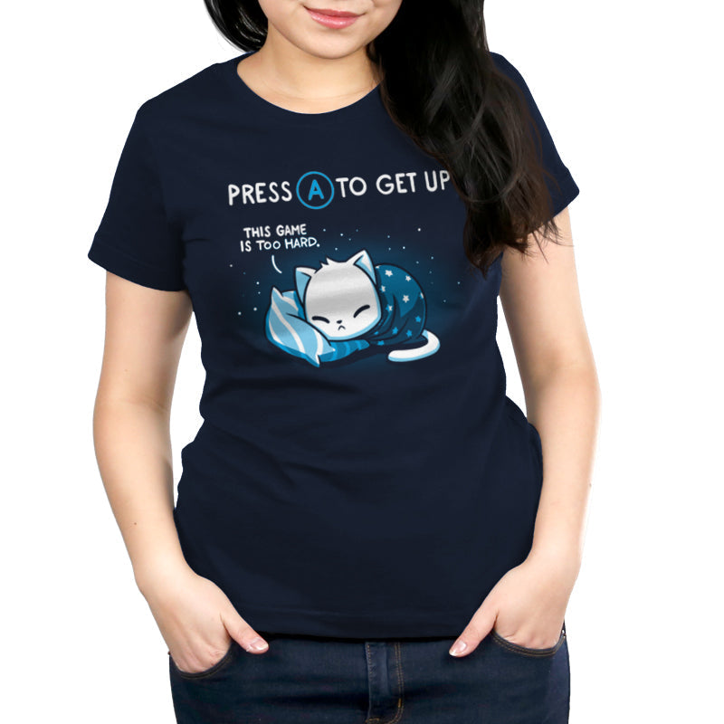 Premium Cotton T-shirt_TeeTurtle Bedtime Lag navy blue t-shirt featuring featuring a sleepy cat wrapped in a blanket laying on a pillow.