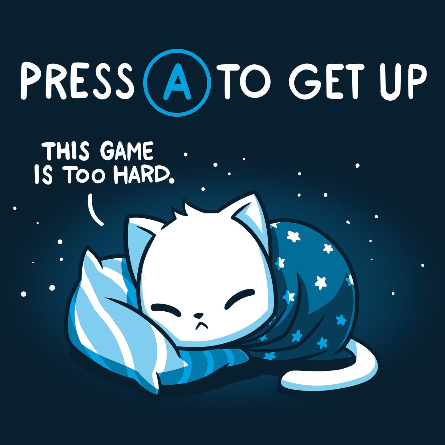 Premium Cotton T-shirt_TeeTurtle Bedtime Lag navy blue t-shirt featuring featuring a sleepy cat wrapped in a blanket laying on a pillow.