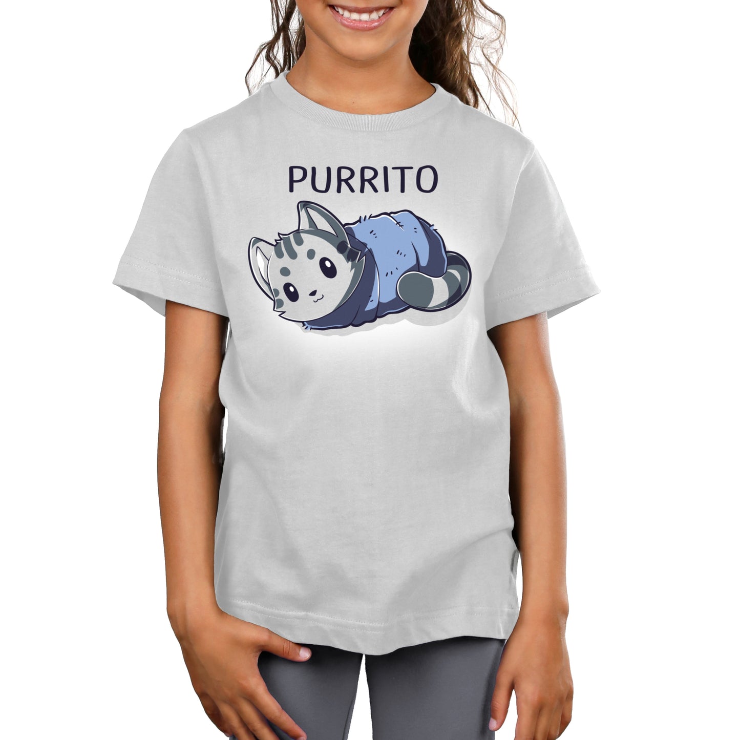 Premium Cotton T-shirt_TeeTurtle silver gray Blanket Purrito t-shirt featuring a gray cat wrapped in a blanket.