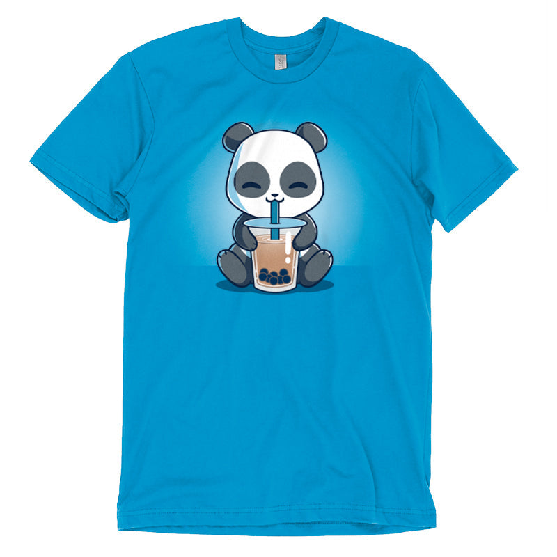 Premium Cotton T-shirt_TeeTurtle Boba Panda cobalt blue t-shirt featuring a panda sitting and happily drinking bubble tea with a straw from a large cup.