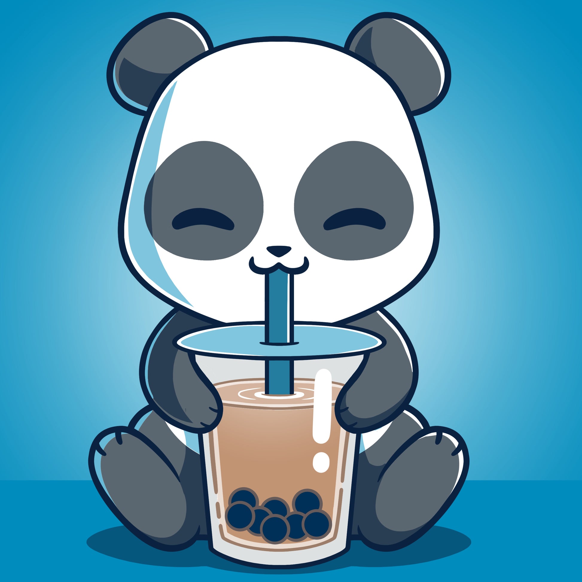 Premium Cotton T-shirt_TeeTurtle Boba Panda cobalt blue t-shirt featuring a panda sitting and happily drinking bubble tea with a straw from a large cup.