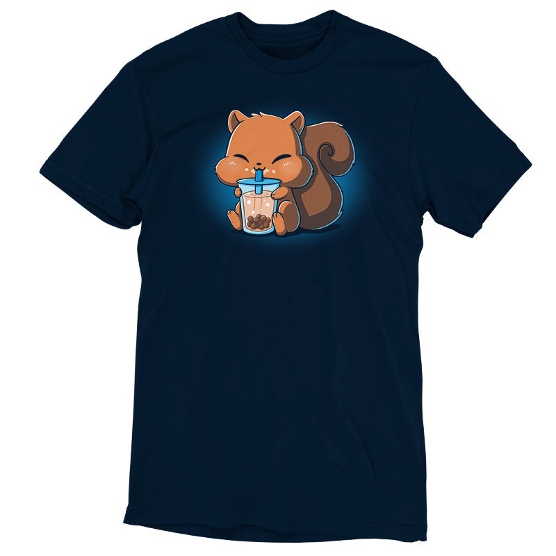 Premium Cotton T-shirt_Teeturtle Boba Squirrel navy blue t-shirt featuring an adorable, puffy-cheeked squirrel sipping boba tea.