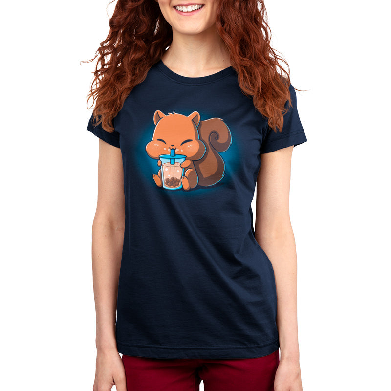 Premium Cotton T-shirt_Teeturtle Boba Squirrel navy blue t-shirt featuring an adorable, puffy-cheeked squirrel sipping boba tea.