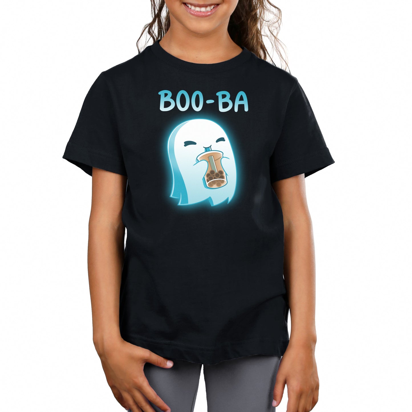 Premium Cotton T-shirt_TeeTurtle Boo-ba black t-shirt featuring a cheerful ghost sipping a boba drink.