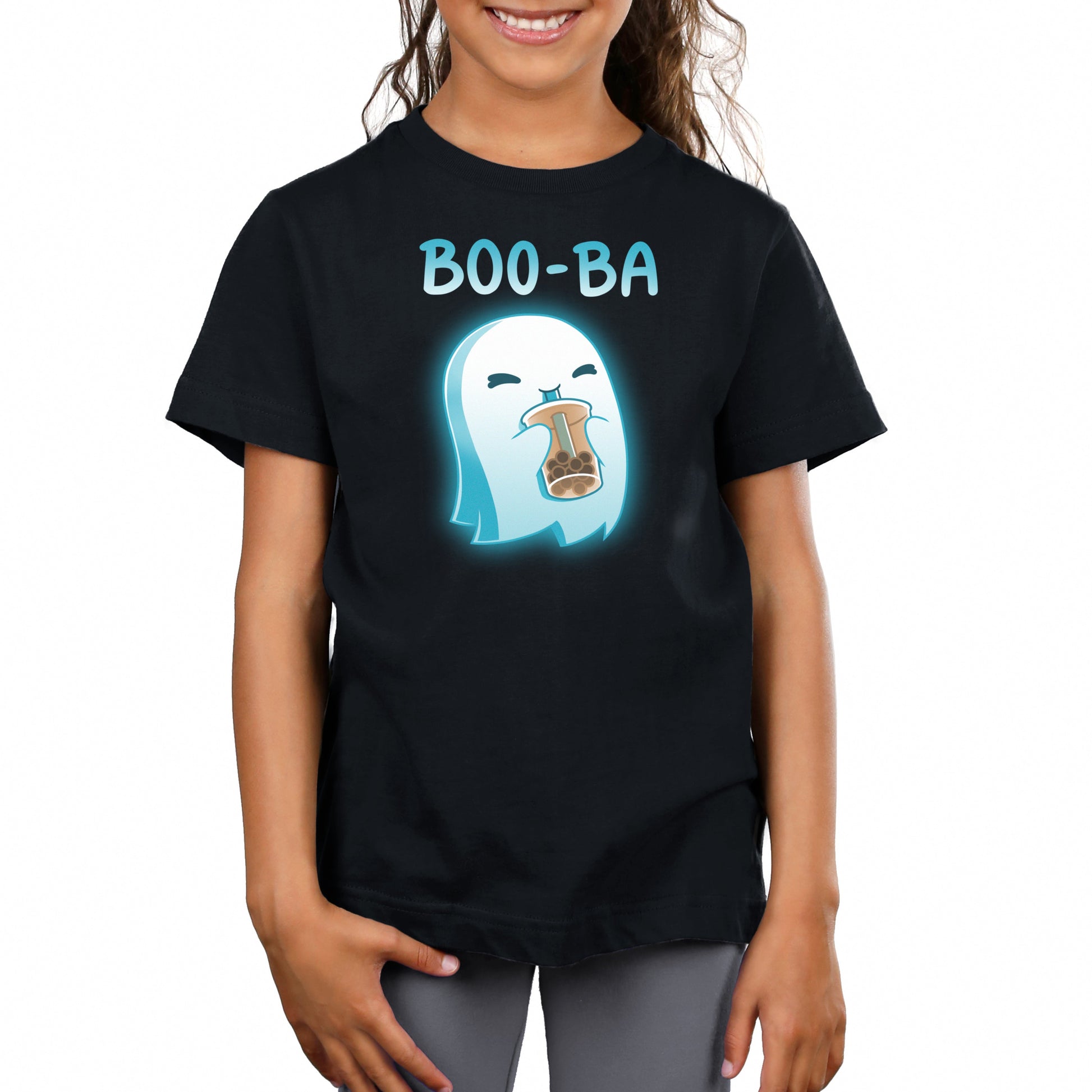 Premium Cotton T-shirt_TeeTurtle Boo-ba black t-shirt featuring a cheerful ghost sipping a boba drink.