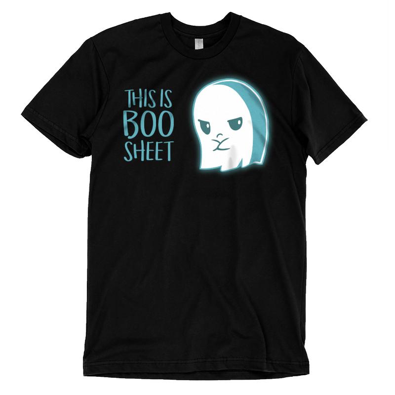 Premium Cotton T-shirt_TeeTurtle black Boo Sheet. Featuring a grumpy ghost saying, "This is Boo Sheet".