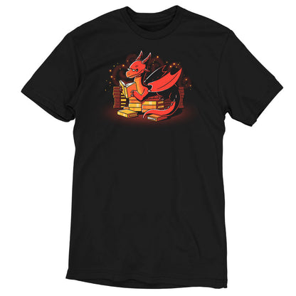 Premium Cotton T-shirt _TeeTurtle Book Hoarder black t-shirt featuring a red dragon with horns and wings, reading a book while sitting among piles of books against a dark background with glowing embers.